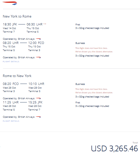 New British Airways First Class Fares to Europe 2,938 with Chase