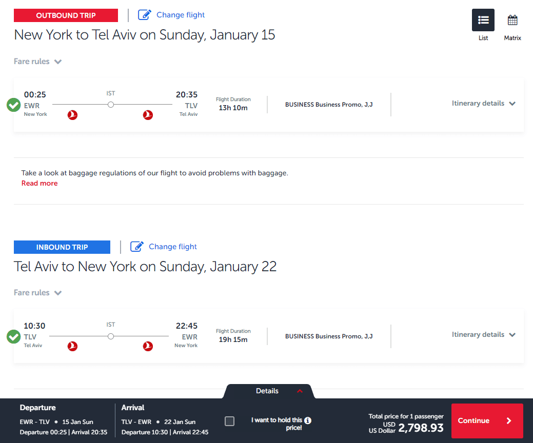 Turkish Airlines EWRTLV Sample Trip Summary First Class Flyer