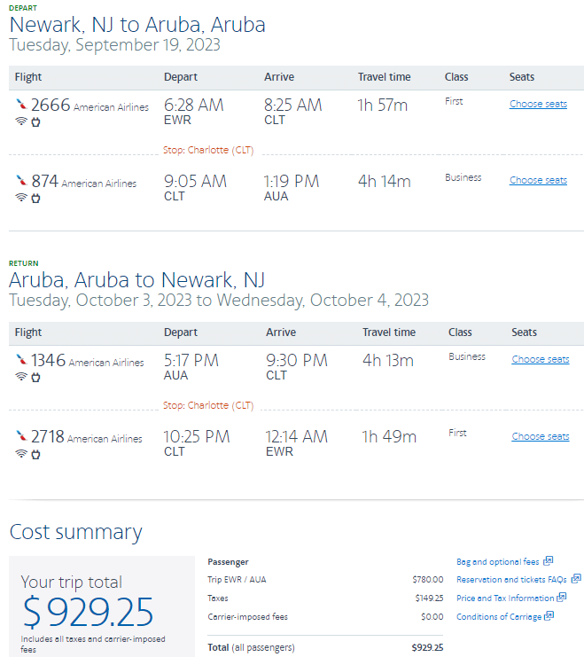 Aruba Biz Class from 929 to 1,180 R/T First Class Flyer