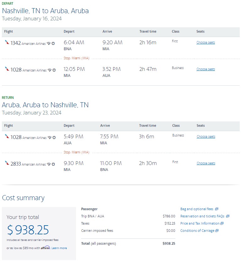 Cash > Aruba > All Year > Biz Class > 938 to 1,188 First Class Flyer