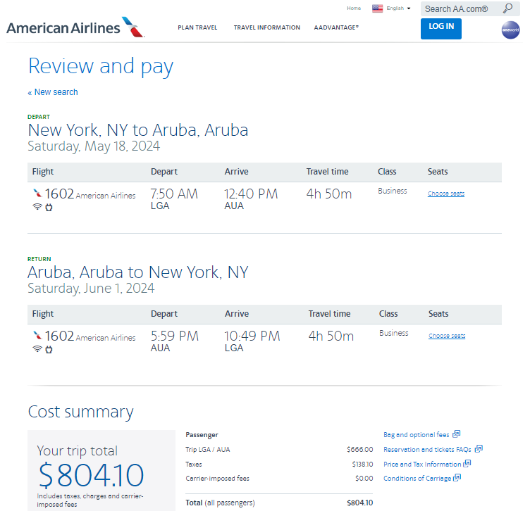 Money > Aruba > All Year > Biz Class > 804 to 1,188 R/T First Class Flyer